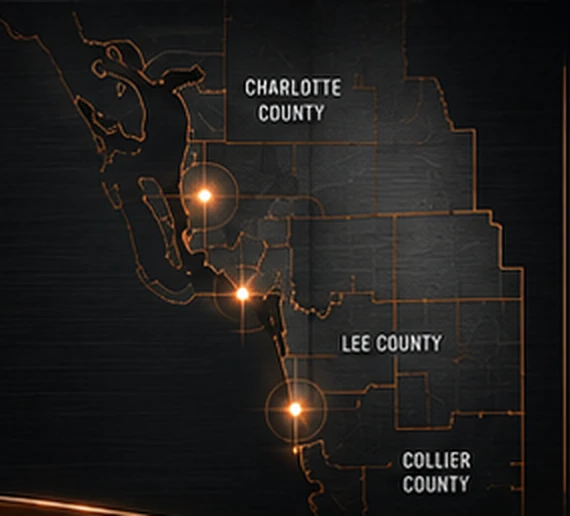 Map of Southwest Florida showing Charlotte, Lee and Collier counties